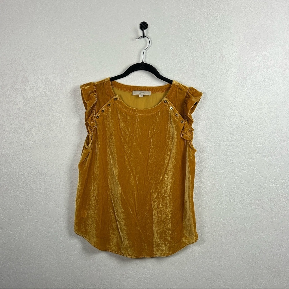 LOFT Velvet Ruffle Sleeve Blouse Mustard Yellow Hippie Bohemian Chic Sz M TC0544